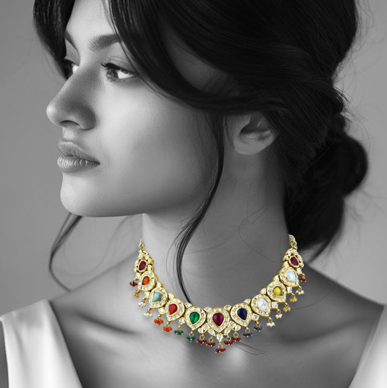 Navratna Necklace with Polki Diamonds, Pearls, and coloured Beads